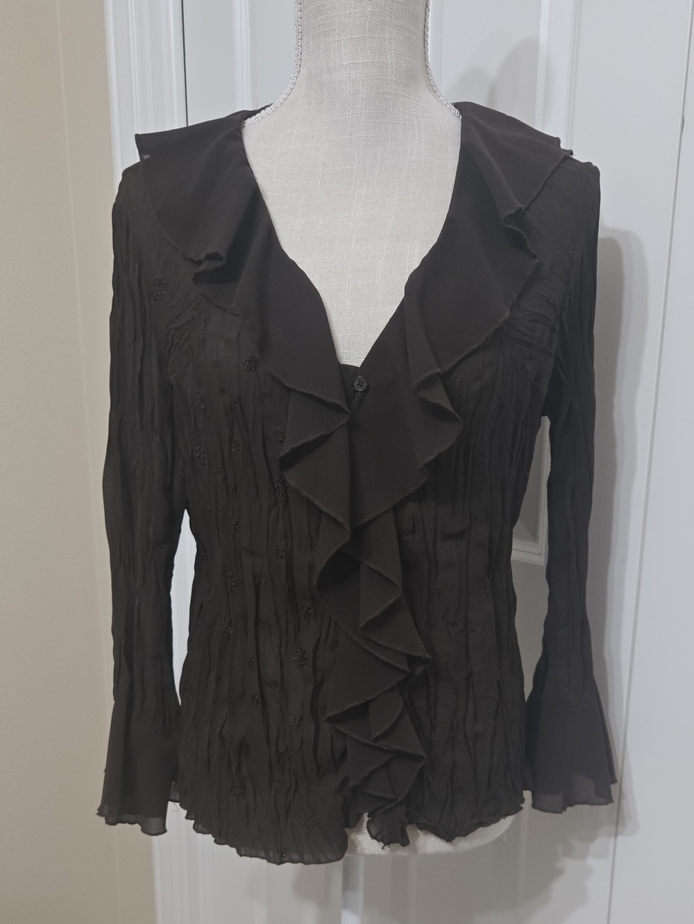 Dark Brown Ruffled V-Neck Women's Top Long Sleeve Nwot Sz L